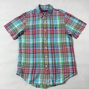 Ralph Lauren 100% Linen Shirt Men Medium Madras Plaid Short Sleeve Multicolor‎